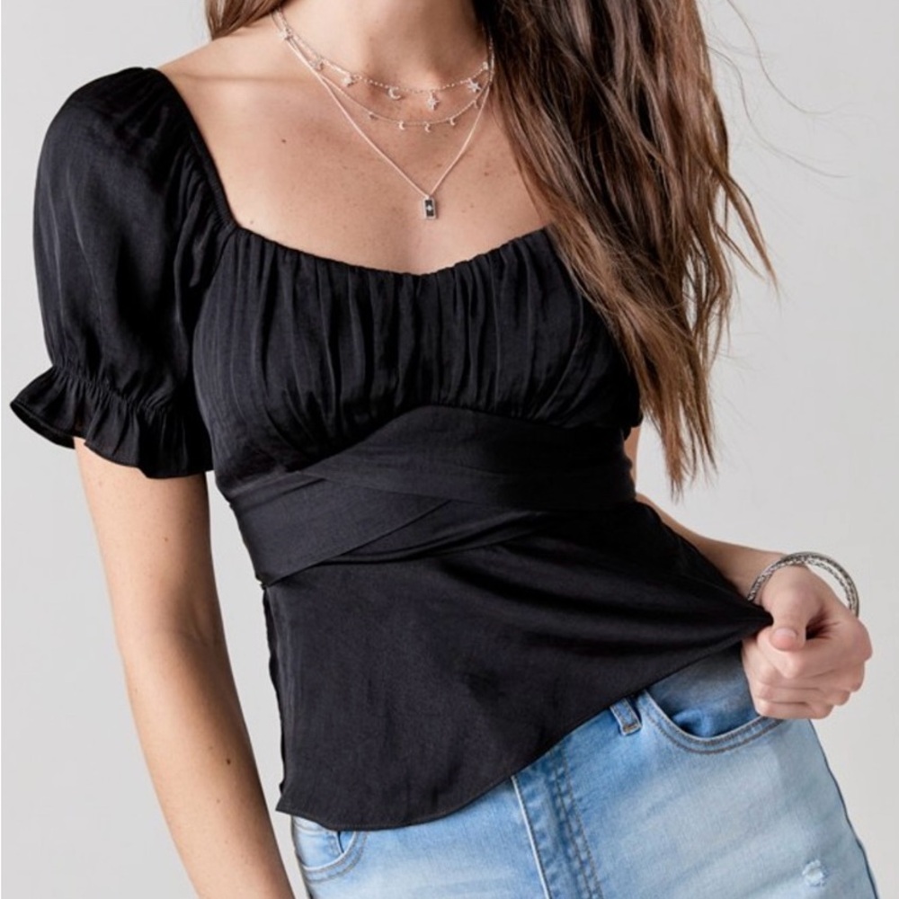 Francesca’s Trixxi Satin Tie Back Blouse